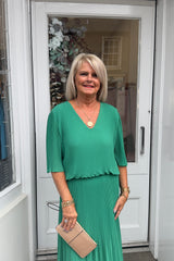 Emerald Green Plain Vneck Maxi Plisse Dress