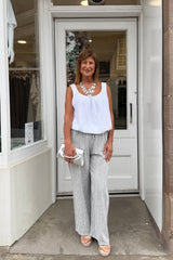 Light Grey And White Candy Stripe Cotton Trousers