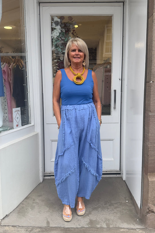 Denim Blue Raw Hem Linen Trousers