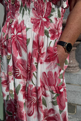 Vneck Red And Green Flower Print Midi Dress