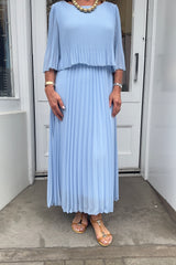 Sky Blue Plain Pastel Vneck Cape Maxi Plisse Dress