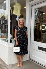 Black Polka Dot Pleated Midi Dress