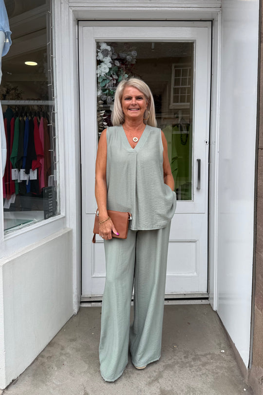 Sage Green Jay Vneck Sleeveless Top And Trouser Set