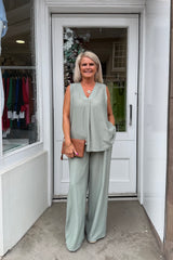 Sage Green Jay Vneck Sleeveless Top And Trouser Set