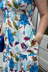 Blue and Purple Floral V-neck Printed Maxi Dress