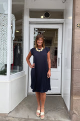 Navy Blue Plain Pleated Midi Dress