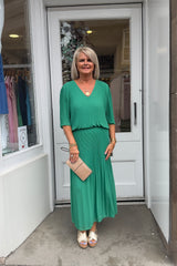 Emerald Green Plain Vneck Maxi Plisse Dress