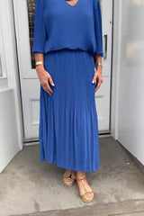 Cobalt Blue Plain Vneck Maxi Plisse Dress