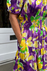 Purple and Yellow Floral Bardot Printed Midi Dress