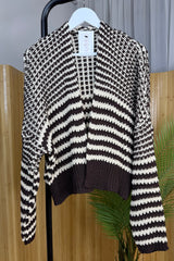 Chocolate Brown And Beige Chunky Balloon Sleeve Cardigan
