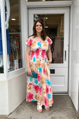 Pink and Teal Tie-Dye Floral Bardot Printed Maxi Dress