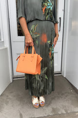 Khaki Green Floral Vneck Printed Maxi Plisse Dress