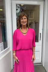 Cerise Pink Plain Vneck Maxi Plisse Dress
