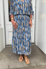 Blue Wavy Vneck Printed Maxi Plisse Dress
