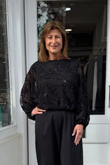 Black Sparkly Flower Embroidered Bubble Hem Blouse