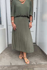 Khaki Green Plain Vneck Maxi Plisse Dress
