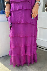 Magenta Overlay Tiered Silky Maxi Dress