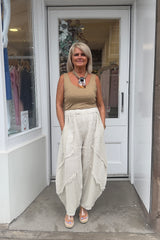 Beige Raw Hem Linen Trousers