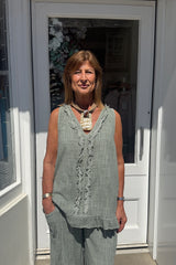 Khaki Green Ava Cotton Sleeveless Frill Top