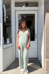 Khaki Green And White Cotton Candy Stripe Dungarees