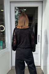 Black Sparkly Flower Embroidered Bubble Hem Blouse