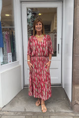Raspberry Red Wavy Vneck Printed Maxi Plisse Dress