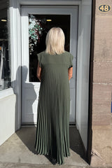 Khaki Green Plain Pleated Maxi Dress