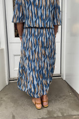 Blue Wavy Vneck Printed Maxi Plisse Dress