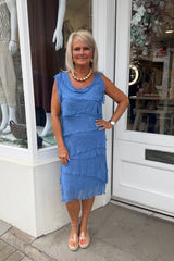 Sky Blue Short Sleeveless Tiered Silky Maxi Dress