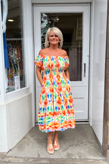 Colourful Geometric Bardot Printed Midi Dress