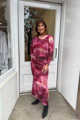 Magenta And Pink Smudge Ruched Mesh Maxi Dress