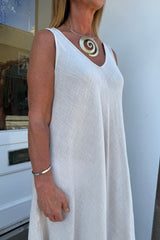 Sand Beige Double Vneck Sleeveless Cotton Dress