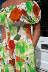 Rust and Green Floral Bardot Printed Midi Dress