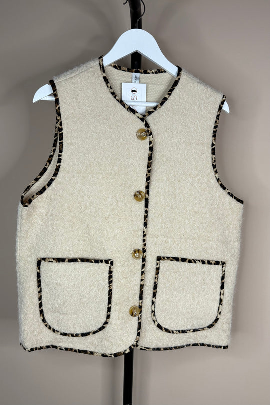 Leopard Trim Gilet Beige