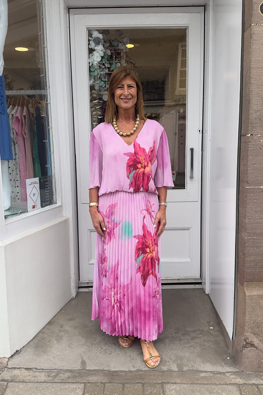 Baby Pink Floral Vneck Printed Maxi Plisse Dress