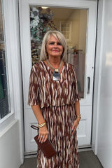 Brown Wavy Vneck Printed Maxi Plisse Dress