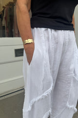 White Raw Hem Linen Trousers