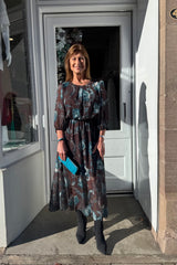 Petra Chocolate Brown and Teal Floral Printed Dress