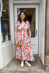 Red Ditsy Floral V-neck Printed Maxi Dress