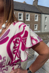 Vneck Magenta And White Botanical Print Midi Dress