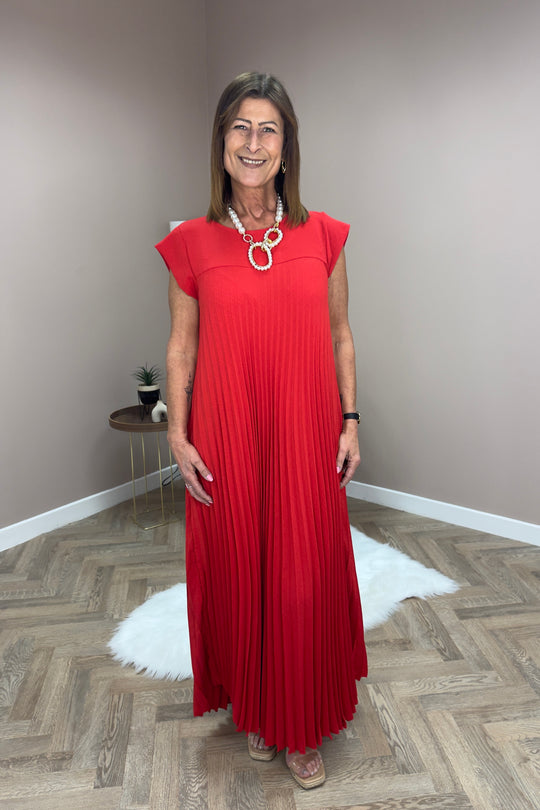 Red Pleated Maxi Dress