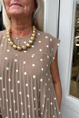 Taupe Polka Dot Pleated Midi Dress