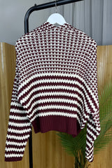 Burgundy And White Chunky Balloon Sleeve Cardigan