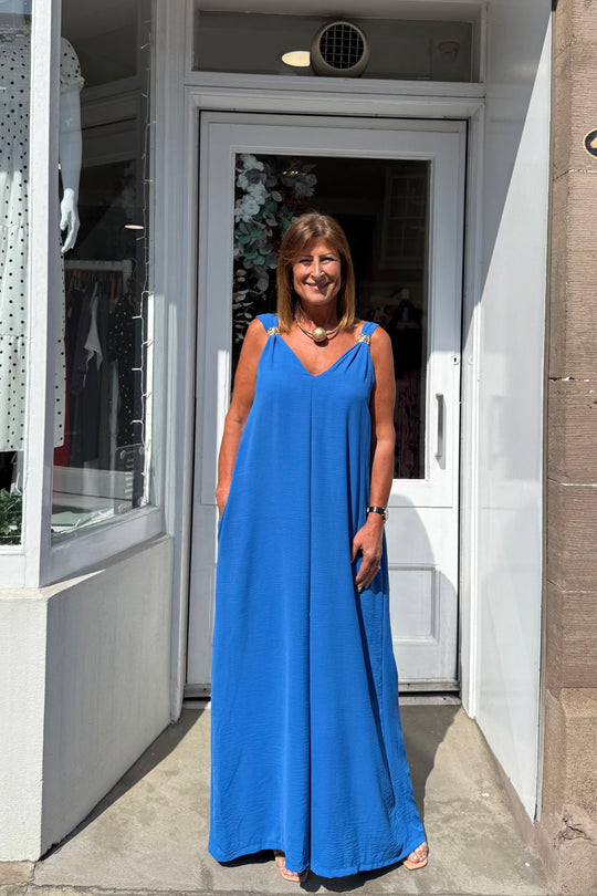 Cobalt Blue Wide Leg Jumpsuit With Gold Detail