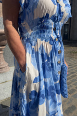 Vneck Blue Flower Print Midi Dress