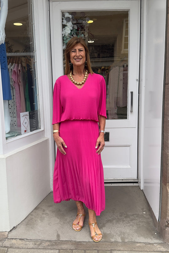 Cerise Pink Plain Vneck Maxi Plisse Dress