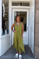Lime Green Double Vneck Sleeveless Cotton Dress
