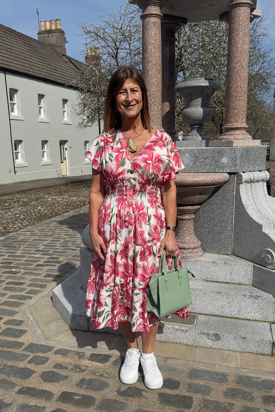 Vneck Red And Green Flower Print Midi Dress