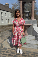 Vneck Red And Green Flower Print Midi Dress