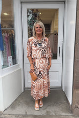 Brown Leopard Print Round Neck Printed Maxi Plisse Dress